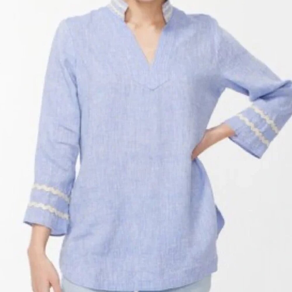 Chico’s Embroidered Blue Veil Linen Tunic‎ Rick Rack Solid 3/4 Sleeve Sz 14 NWT